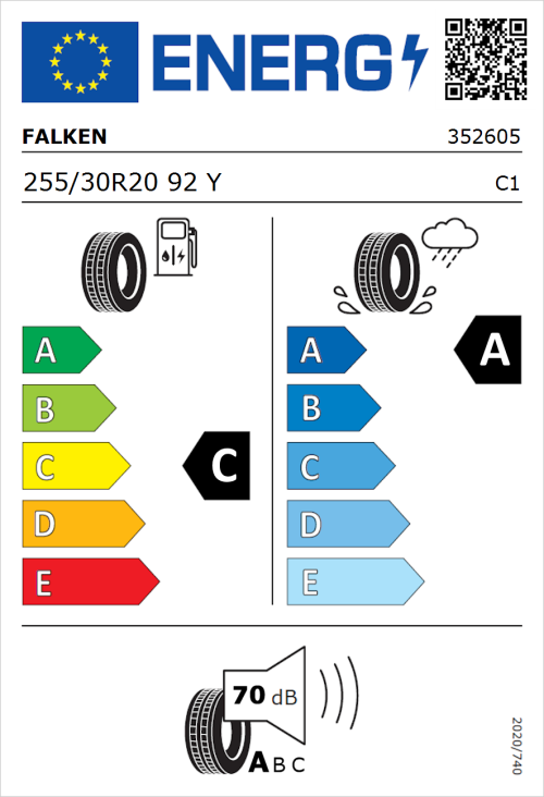 Tyre Label for Falken Azenis FK520 255/30R20 92Y
