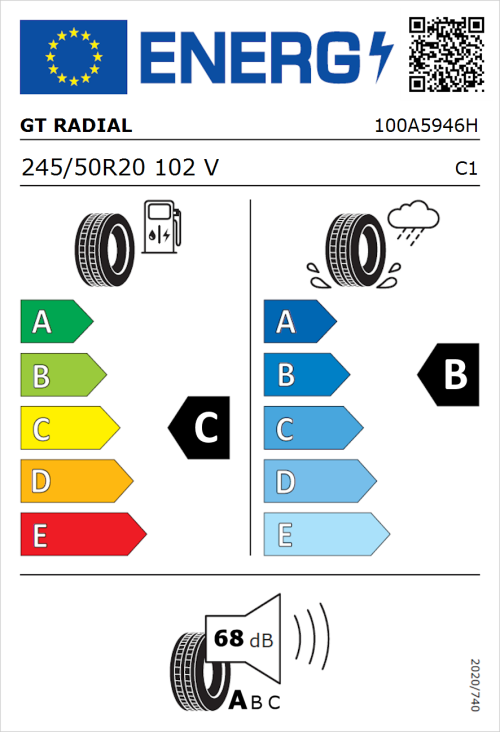 Tyre Label for GT Radial TouringActive 245/50R20 102V