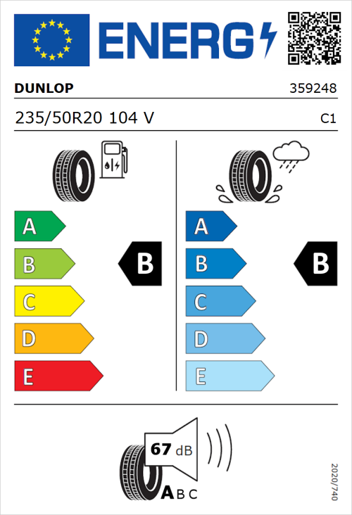 Tyre Label for Dunlop SP Sport Maxx 235/50R20 104V