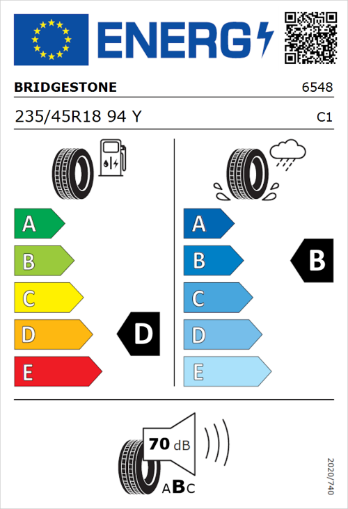 Tyre Label for Bridgestone Turanza ER33 235/45R18 94Y