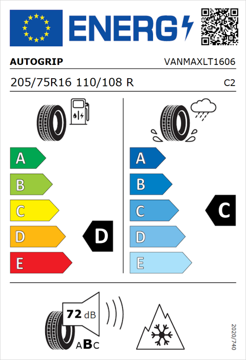 Tyre Label for Autogrip Vanmax 205/75R16 110/108R